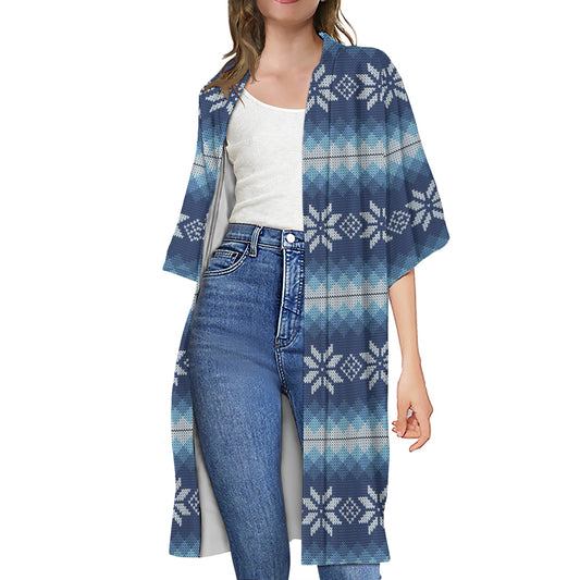 Snow Flower Knitted Pattern Print Open Front Beach Cover Up