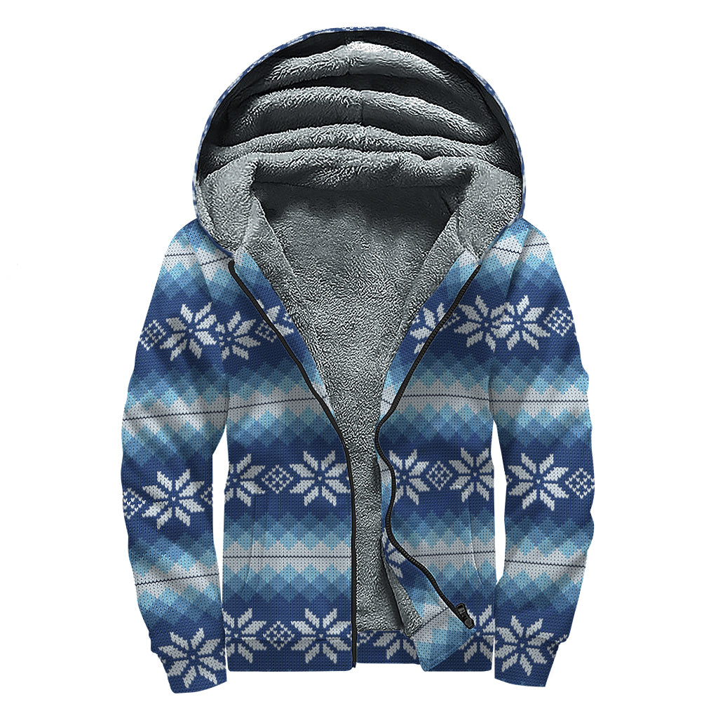 Snow Flower Knitted Pattern Print Sherpa Lined Zip Up Hoodie