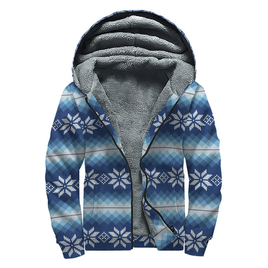 Snow Flower Knitted Pattern Print Sherpa Lined Zip Up Hoodie