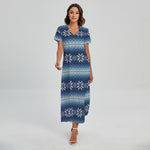 Snow Flower Knitted Pattern Print Short Sleeve Maxi Dress