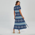 Snow Flower Knitted Pattern Print Short Sleeve Maxi Dress