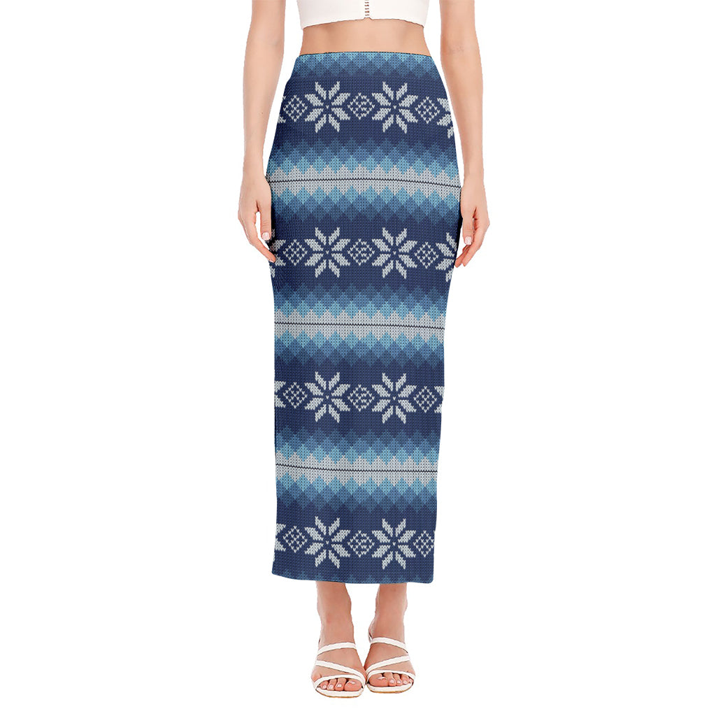 Snow Flower Knitted Pattern Print Side Slit Maxi Skirt