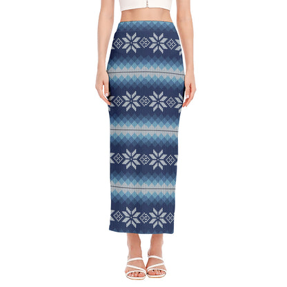 Snow Flower Knitted Pattern Print Side Slit Maxi Skirt