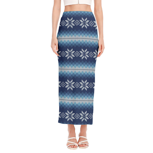 Snow Flower Knitted Pattern Print Side Slit Maxi Skirt