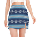 Snow Flower Knitted Pattern Print Side Slit Mini Skirt