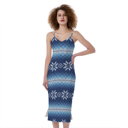 Snow Flower Knitted Pattern Print Slim Fit Midi Cami Dress