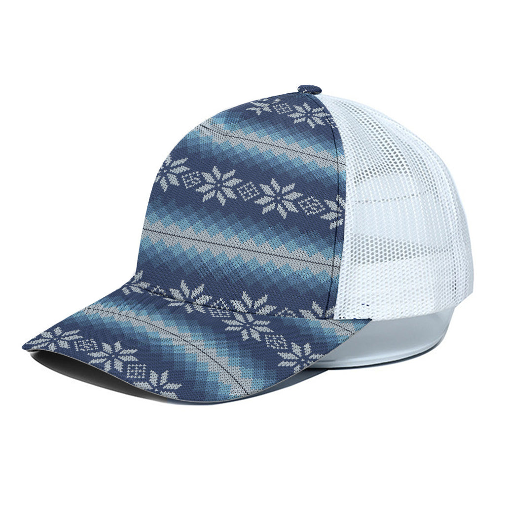 Snow Flower Knitted Pattern Print White Mesh Trucker Cap