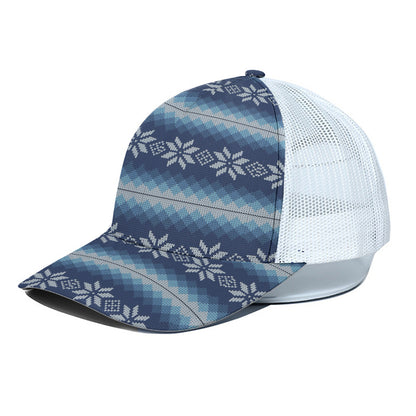 Snow Flower Knitted Pattern Print White Mesh Trucker Cap