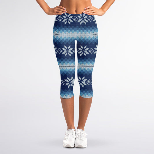 Snow Flower Knitted Pattern Print Women's Capri Leggings