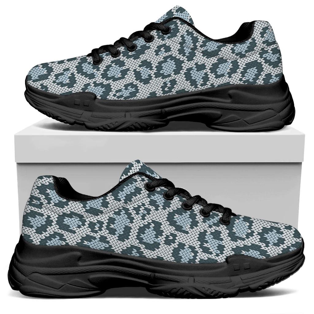 Snow Leopard Knitted Pattern Print Black Chunky Shoes