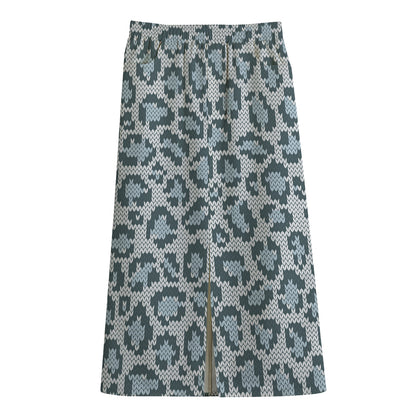 Snow Leopard Knitted Pattern Print Cotton Front Slit Maxi Skirt