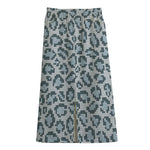 Snow Leopard Knitted Pattern Print Cotton Front Slit Maxi Skirt