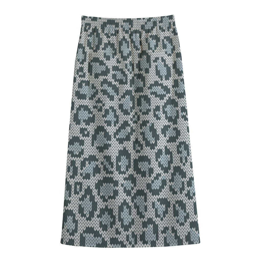 Snow Leopard Knitted Pattern Print Cotton Front Slit Maxi Skirt