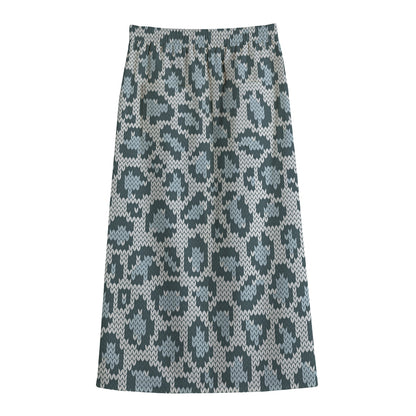 Snow Leopard Knitted Pattern Print Cotton Front Slit Maxi Skirt