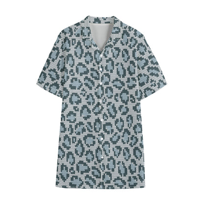 Snow Leopard Knitted Pattern Print Cotton Hawaiian Shirt