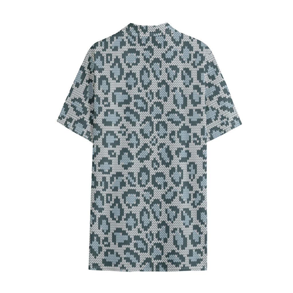 Snow Leopard Knitted Pattern Print Cotton Hawaiian Shirt