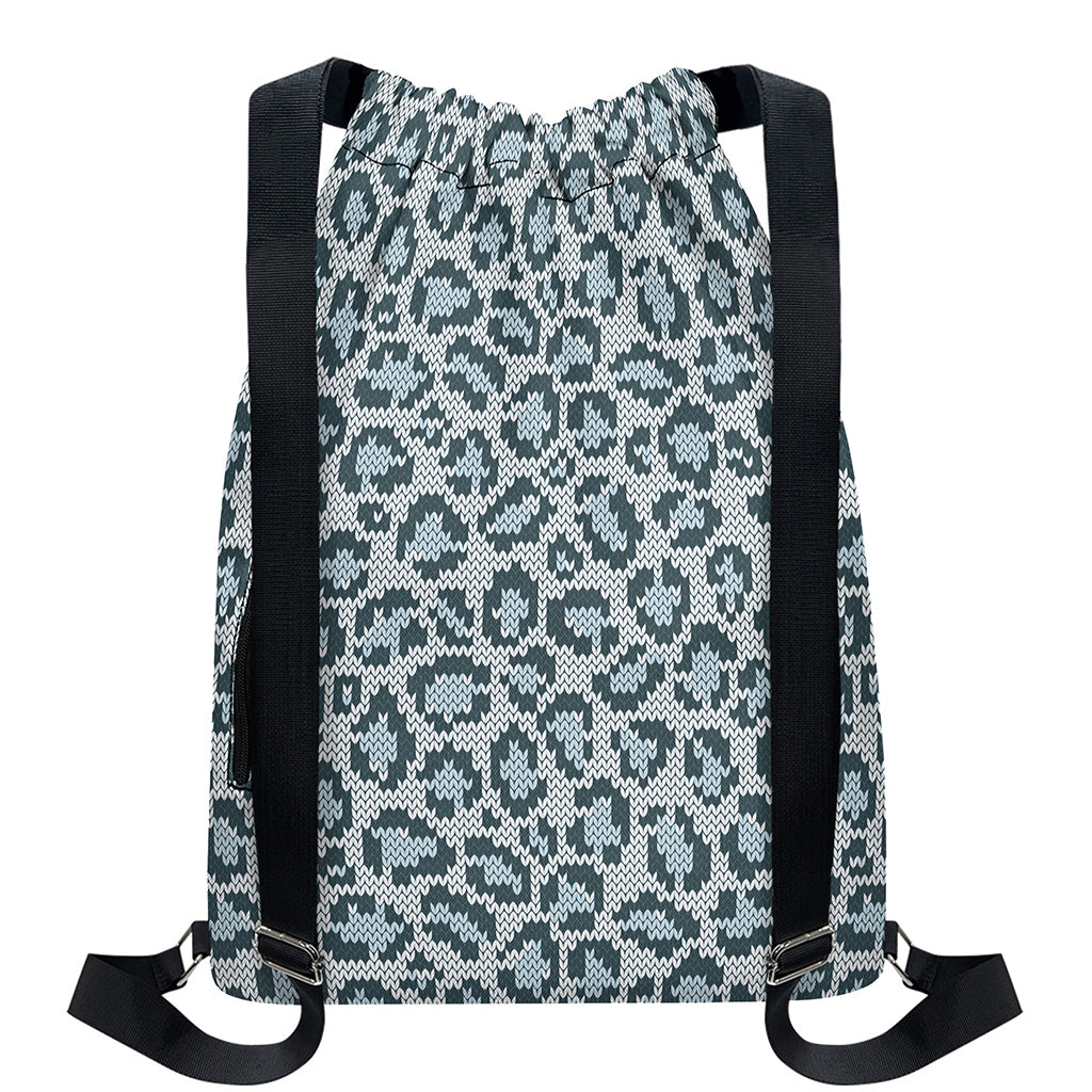 Snow Leopard Knitted Pattern Print Drawstring Backpack