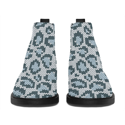 Snow Leopard Knitted Pattern Print Flat Ankle Boots