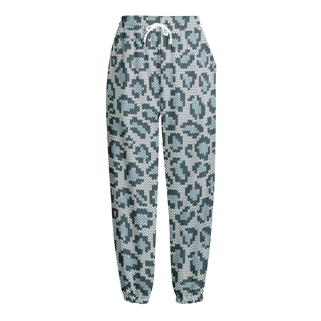 Snow Leopard Knitted Pattern Print Fleece Lined Knit Pants