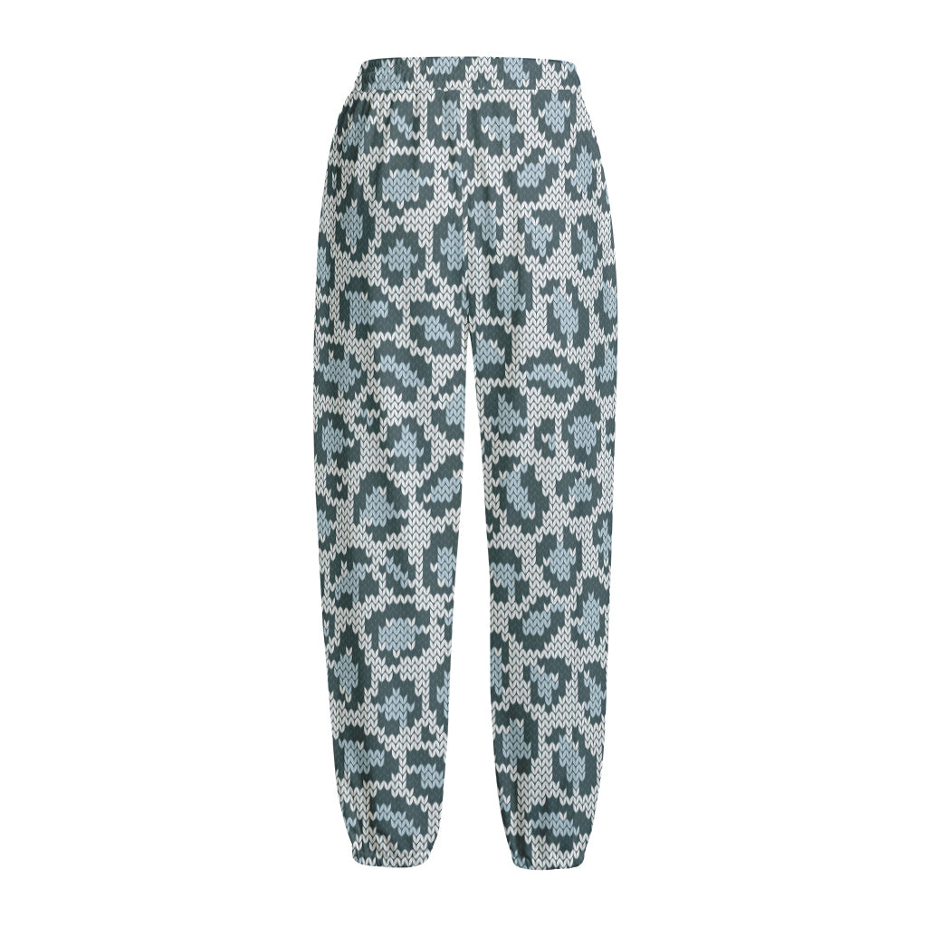Snow Leopard Knitted Pattern Print Fleece Lined Knit Pants