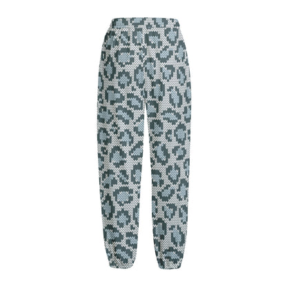Snow Leopard Knitted Pattern Print Fleece Lined Knit Pants