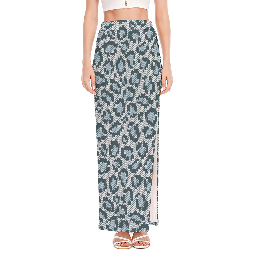 Snow Leopard Knitted Pattern Print High Slit Maxi Skirt