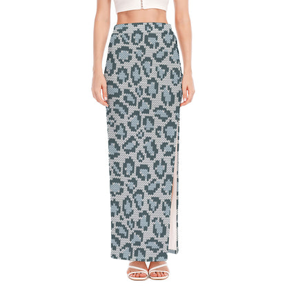 Snow Leopard Knitted Pattern Print High Slit Maxi Skirt