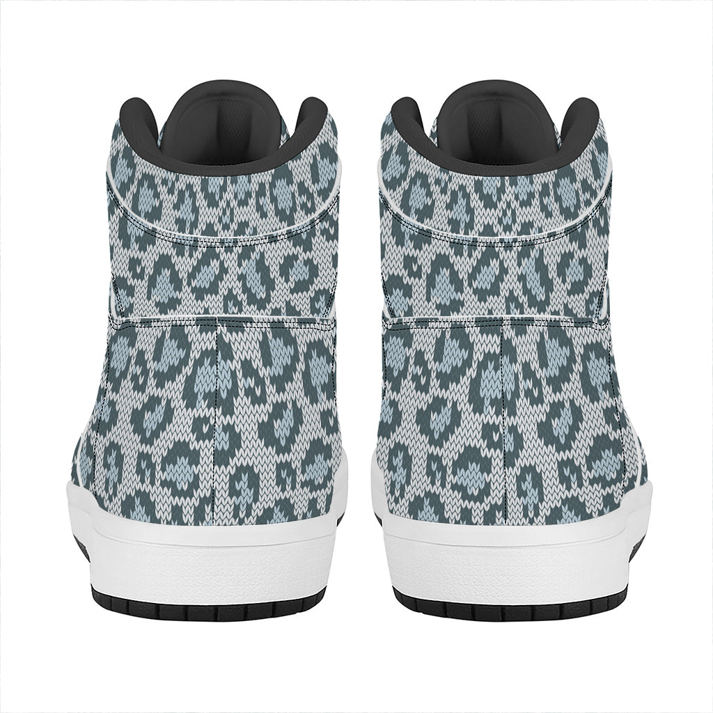 Snow Leopard Knitted Pattern Print High Top Leather Sneakers
