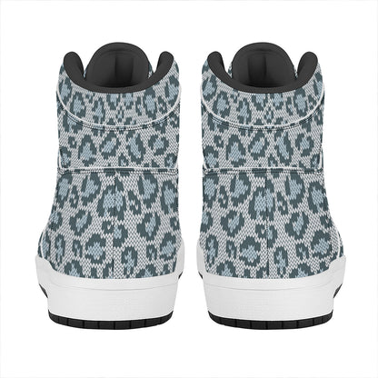 Snow Leopard Knitted Pattern Print High Top Leather Sneakers