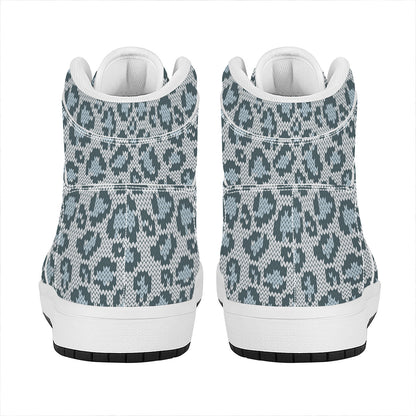 Snow Leopard Knitted Pattern Print High Top Leather Sneakers