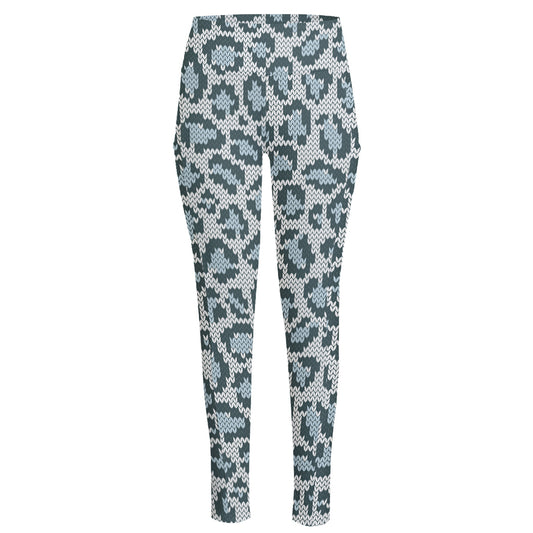 Snow Leopard Knitted Pattern Print High-Waisted Pocket Leggings