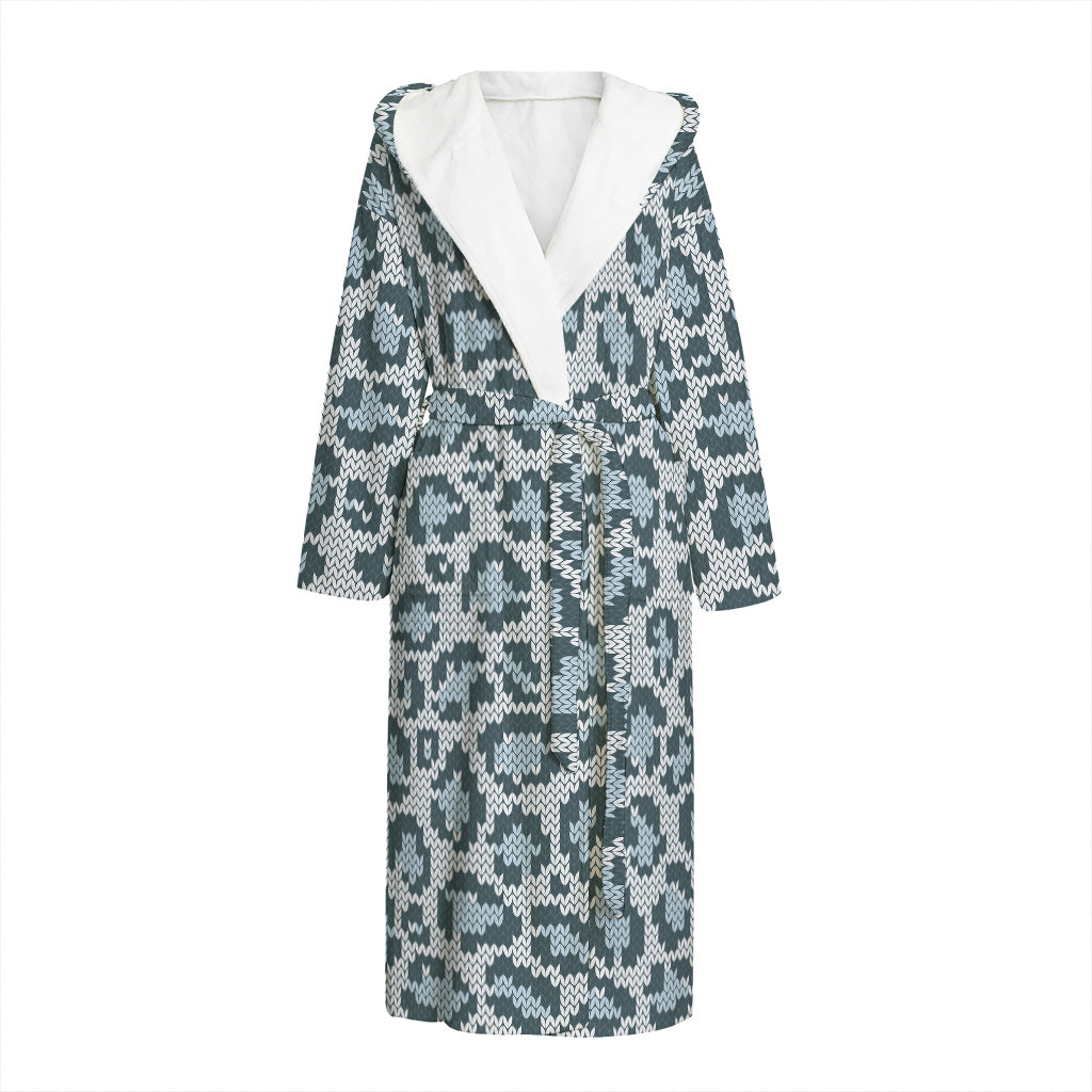 Snow Leopard Knitted Pattern Print Hooded Bathrobe