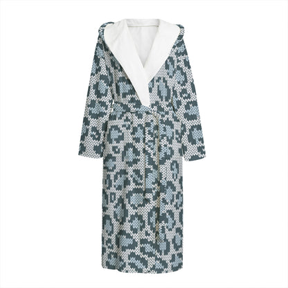 Snow Leopard Knitted Pattern Print Hooded Bathrobe