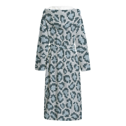 Snow Leopard Knitted Pattern Print Hooded Bathrobe