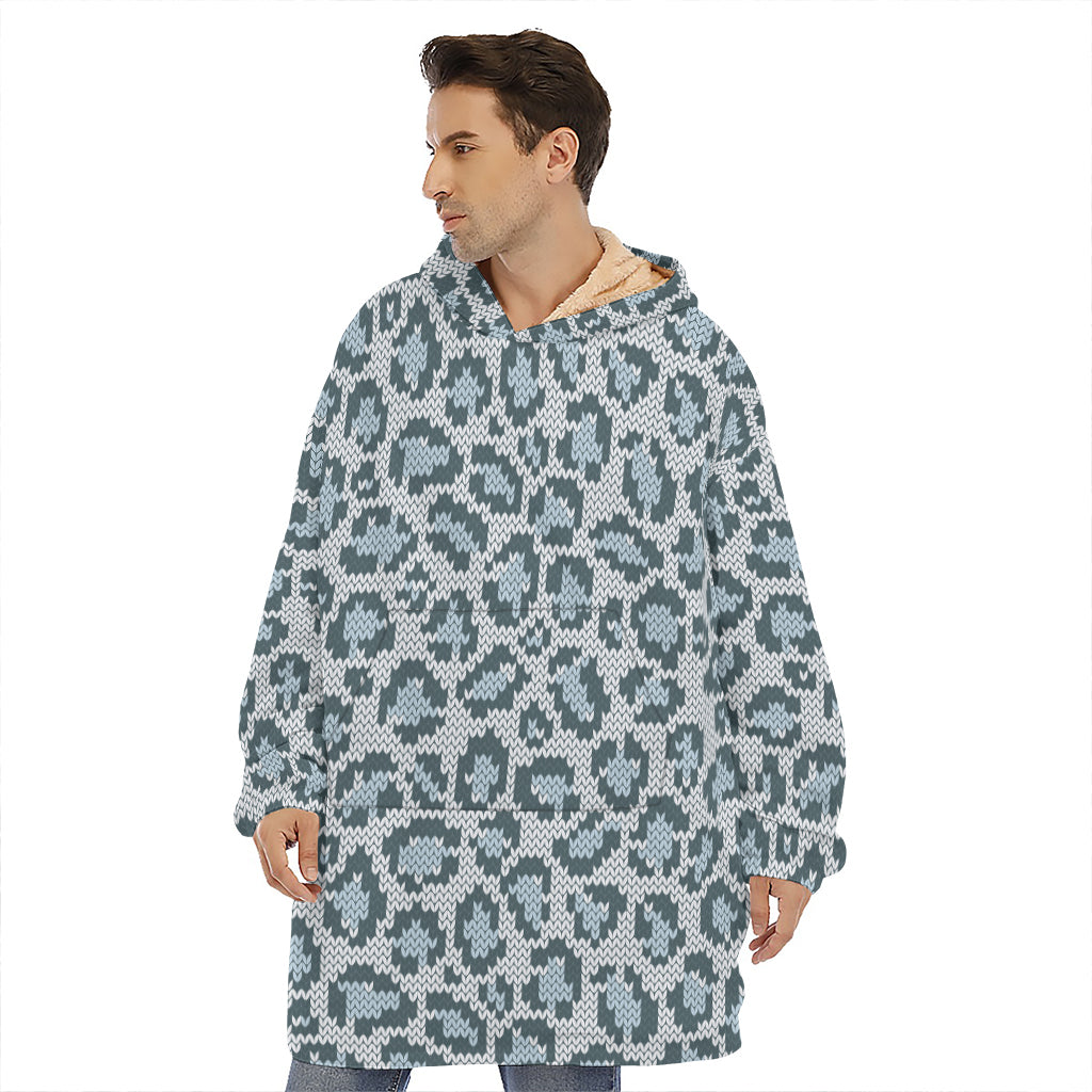 Snow Leopard Knitted Pattern Print Hoodie Blanket