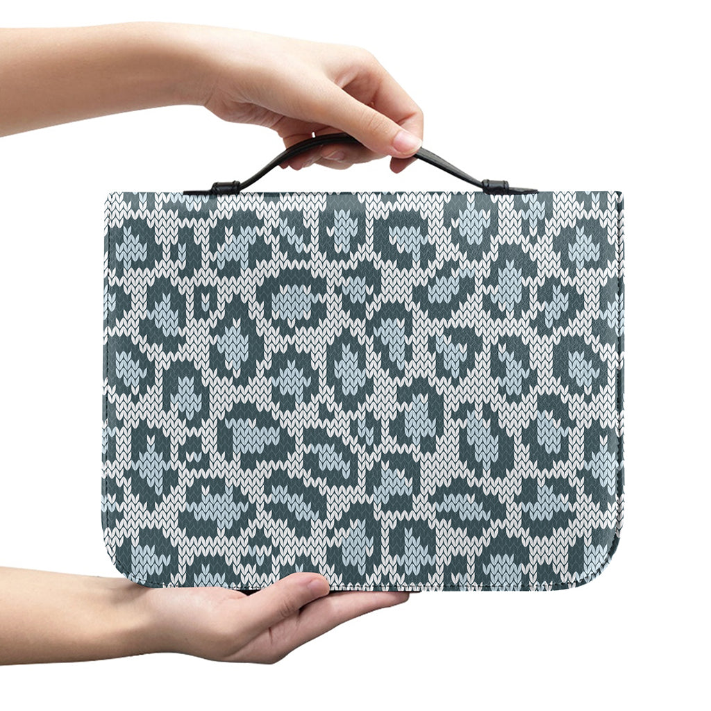 Snow Leopard Knitted Pattern Print Leather Bible Cover