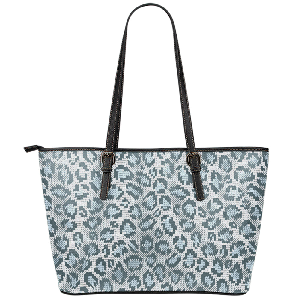 Snow Leopard Knitted Pattern Print Leather Tote Bag