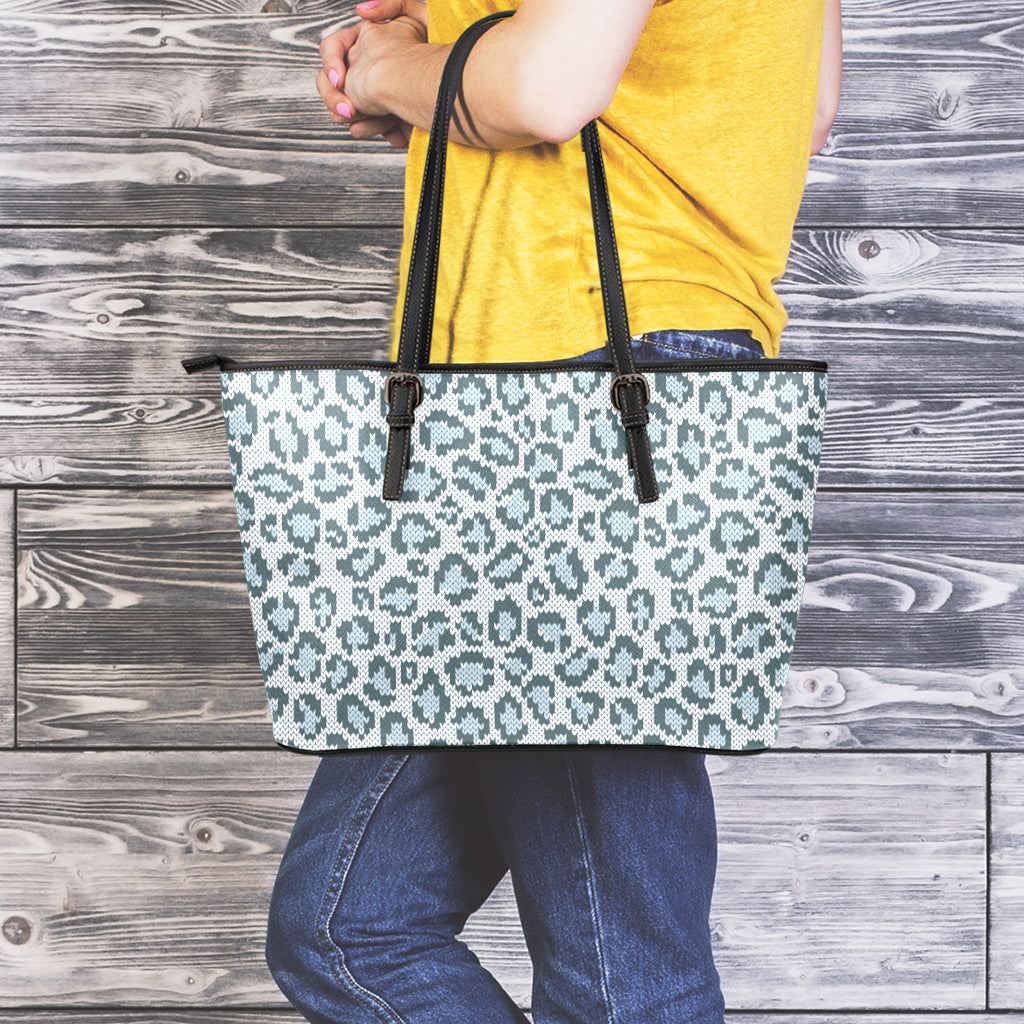 Snow Leopard Knitted Pattern Print Leather Tote Bag