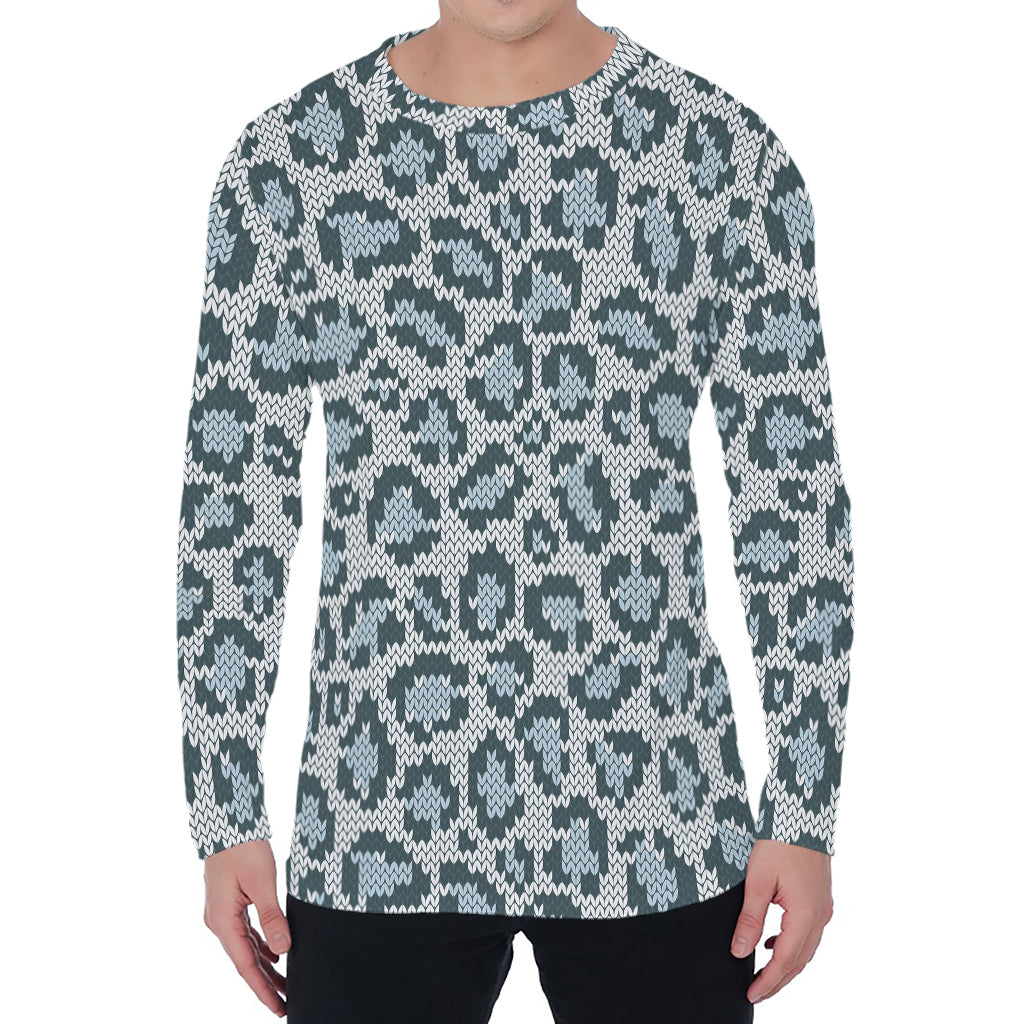 Snow Leopard Knitted Pattern Print Men's Long Sleeve T-Shirt