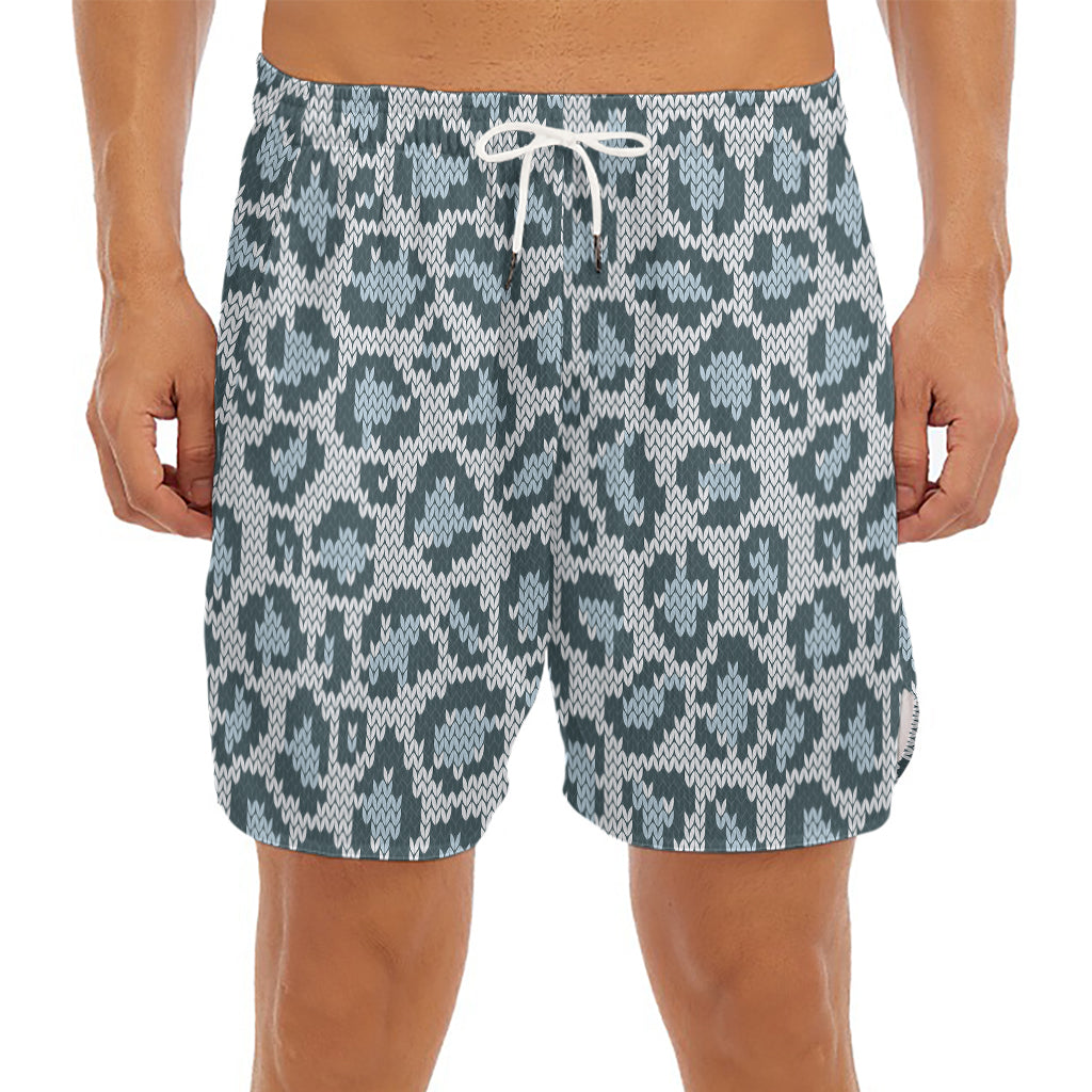 Snow Leopard Knitted Pattern Print Men's Split Running Shorts