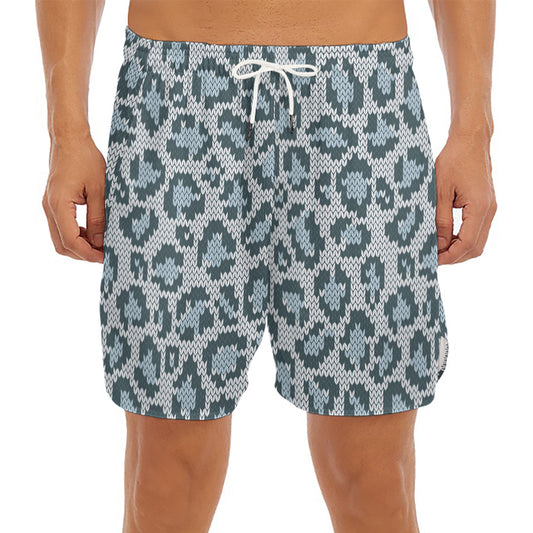 Snow Leopard Knitted Pattern Print Men's Split Running Shorts
