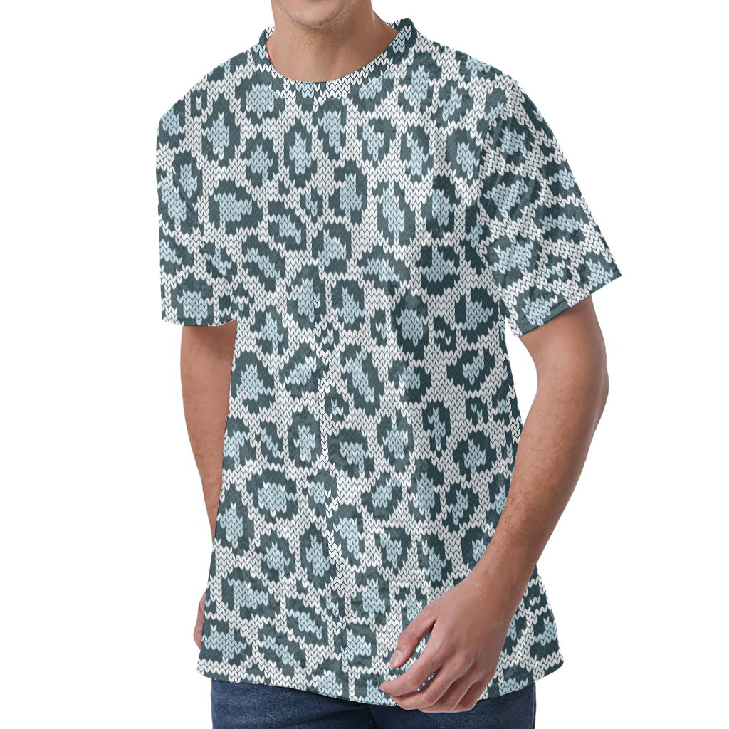 Snow Leopard Knitted Pattern Print Men's Velvet T-Shirt