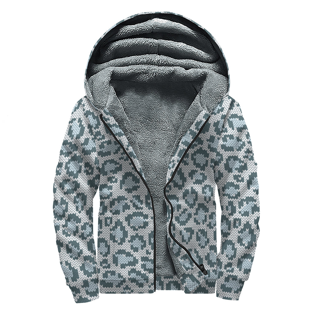 Snow Leopard Knitted Pattern Print Sherpa Lined Zip Up Hoodie