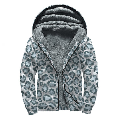 Snow Leopard Knitted Pattern Print Sherpa Lined Zip Up Hoodie
