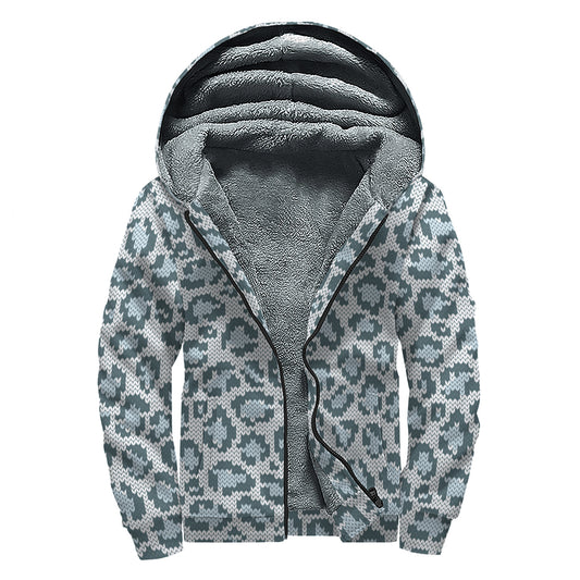 Snow Leopard Knitted Pattern Print Sherpa Lined Zip Up Hoodie