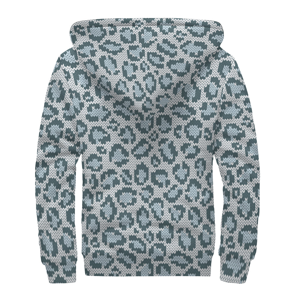 Snow Leopard Knitted Pattern Print Sherpa Lined Zip Up Hoodie