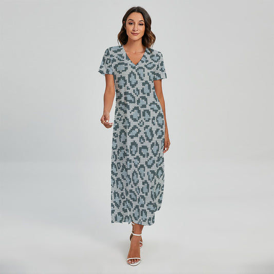 Snow Leopard Knitted Pattern Print Short Sleeve Maxi Dress