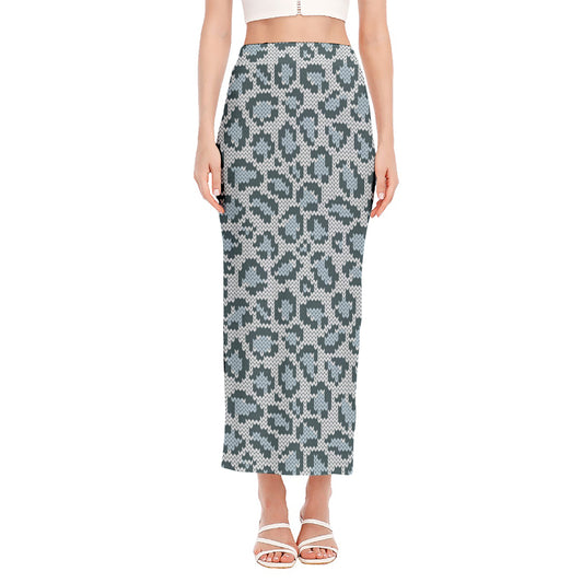 Snow Leopard Knitted Pattern Print Side Slit Maxi Skirt