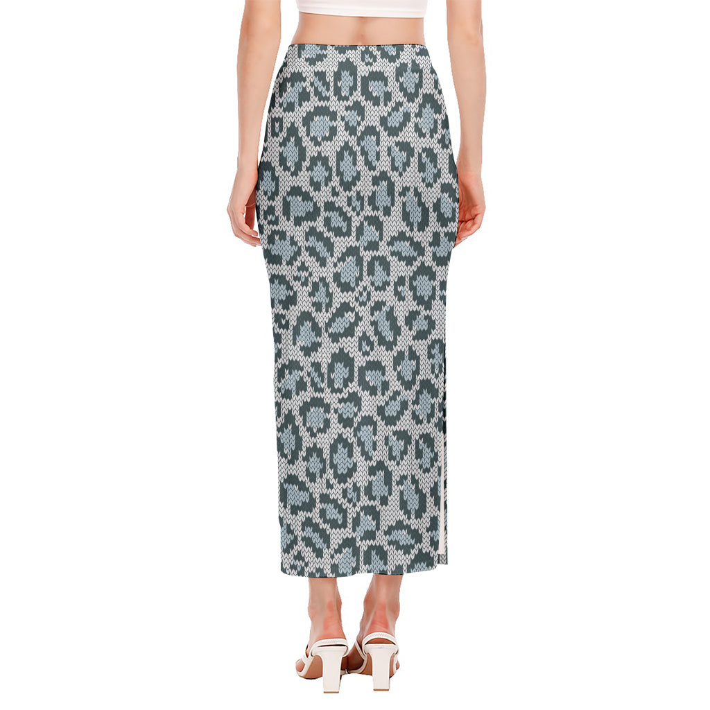 Snow Leopard Knitted Pattern Print Side Slit Maxi Skirt