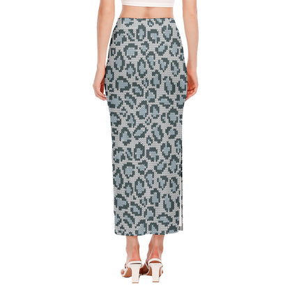 Snow Leopard Knitted Pattern Print Side Slit Maxi Skirt
